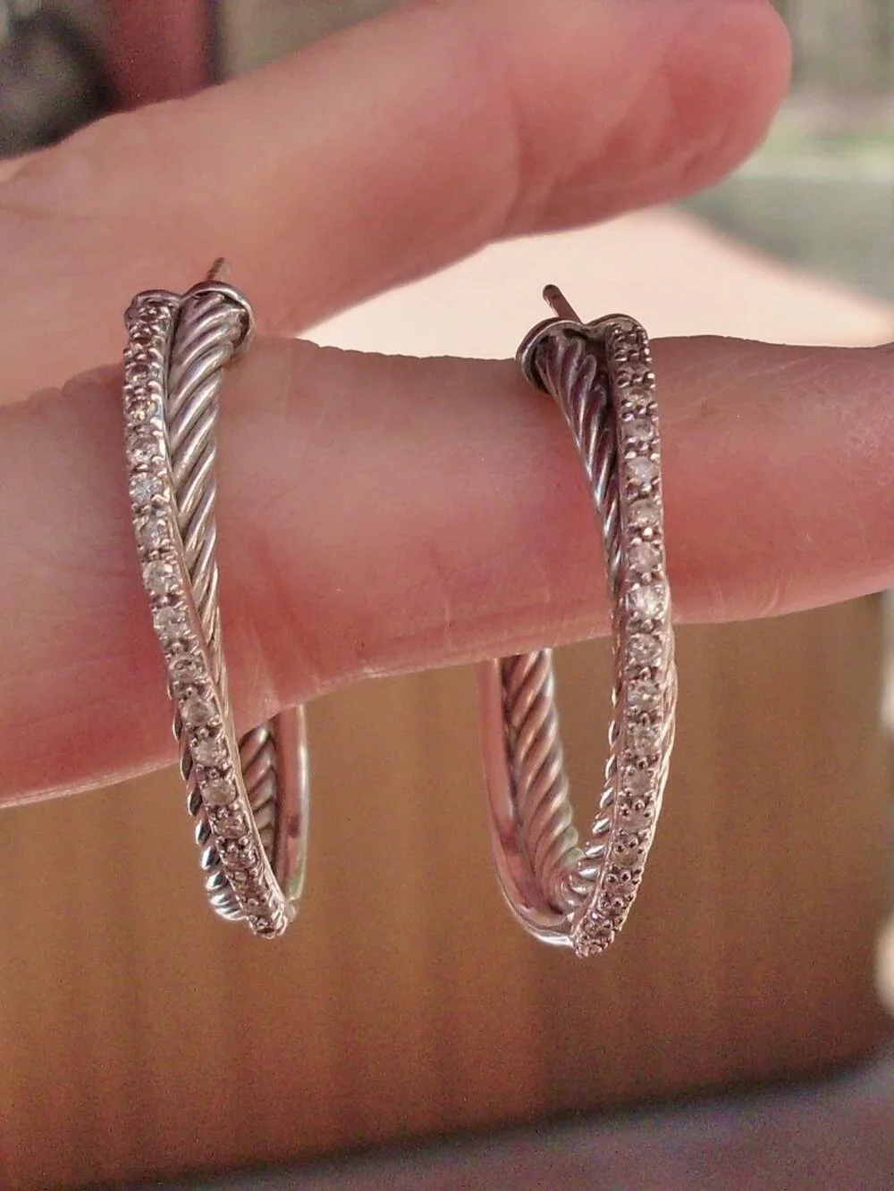 Retired - David Yurman Diamond Crossover Hoop Earrings - 1.25 Inches - 14K/925